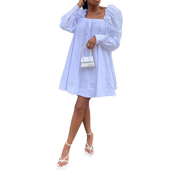 

solid square collar long sleeve a line dress for women 2021 new spring solid party clubwear dresses vintage girls loose vestido, White;black