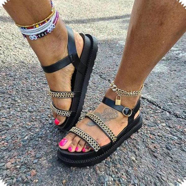 

summer flats women sandals ladies solid color platform casual shoes open toe buckle metal chain decoration 2021 wedges, Black