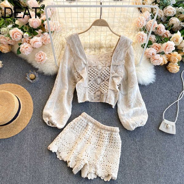 

deat spring arrivals solid color square collar puff sleeve high waist wide leg shorts sweet two piece set mz356 210708, White
