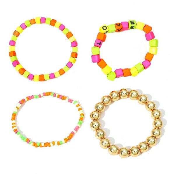 

charm bracelets 4x fashion color beaded bracelet set trendy bohemian acrylic letter rice bead women's jewelry gift, Golden;silver