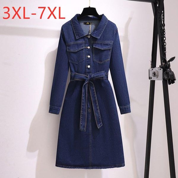 

plus size dresses 2021 autumn winter jean for women large loose long sleeve belt blue cotton denim dress 3xl 4xl 5xl 6xl 7xl, Black