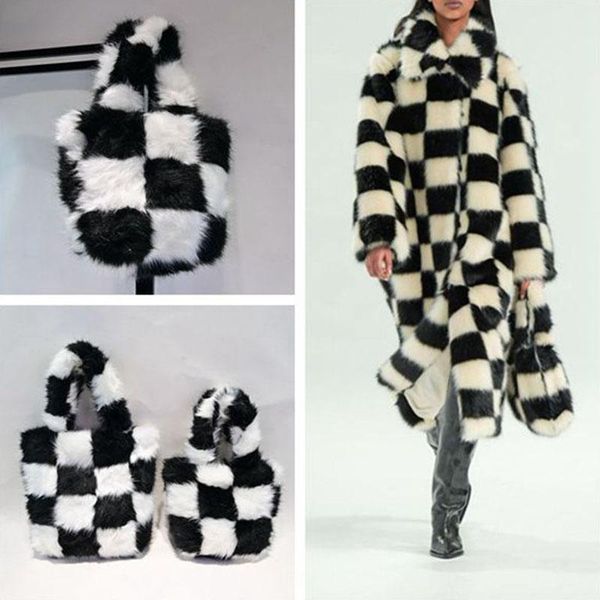 

evening bags fashion women faux fur handbags checker female luxury tote designer girl bolsas
