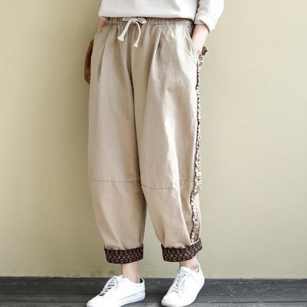 

women's pants & capris johnature spring loose solid color pockets elastic waist ankle-length 2021 comfortable all-match women straight, Black;white