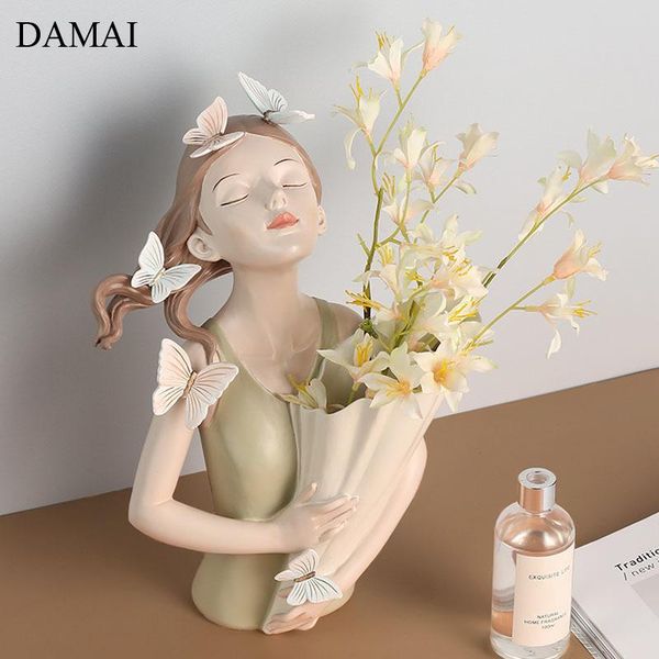 

vases butterfly bouquet girl vase nordic modern resin flowers cartoon character decorative plant pots living room decoration