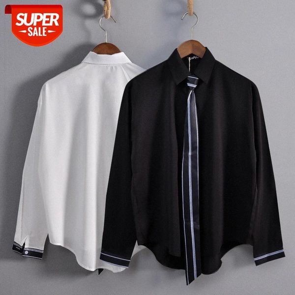 

shirt men's casual long-sleeved tie handsome korean style jacket #5w50, White;black