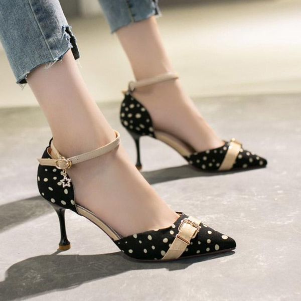 

dress shoes women sandals 2021 summer high heels woman dot ankle strap pumps pointed toe sandalias zapatos mujer 8286n, Black