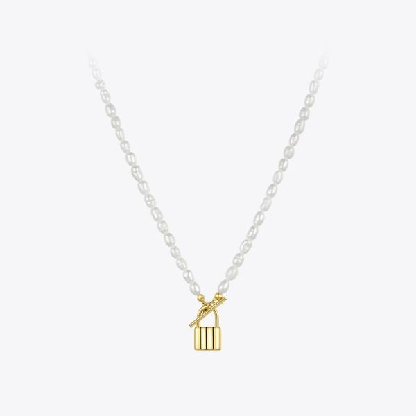 

pendant necklaces enfashion natural pearl chain choker for women gold color stainless steel lock necklace fashion jewelry p3140, Silver