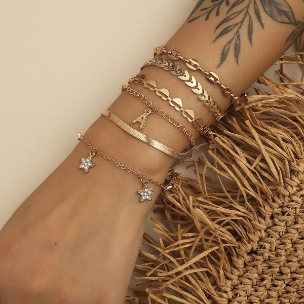 

charm bracelets 6pcs/set retro letter star pendant snake chain for women fashion hip hop heart multilayer metal bracelet party jewelry, Golden;silver