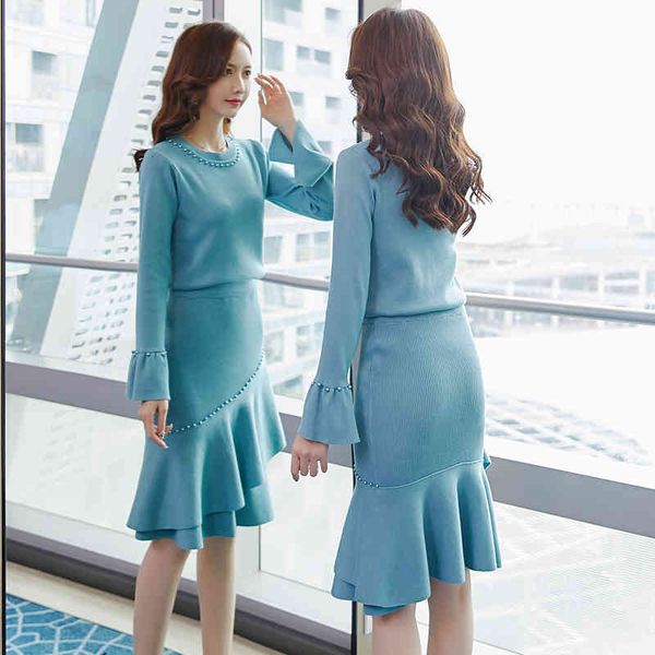 

two piece dress autumn and spring fashion set women sweater pullover knitwear and split slim knit mid skirt elegant suits luo6, White