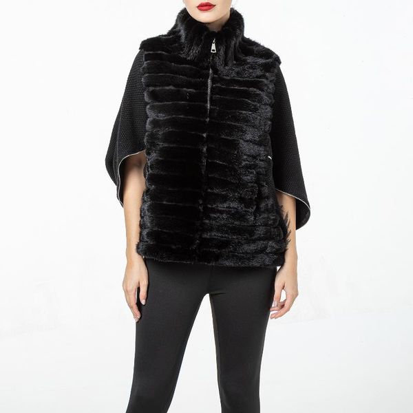 

women's fur & faux womens natural mink jacket coat with wool sleeve zipper bat 2021 winter autumn designer casual short, Black