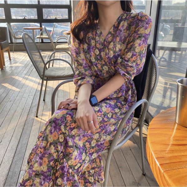 

elegant spring summer dress for women chic v-neck floral high waist vintage female chiffondress purple vestidos femme 210423, Black;gray