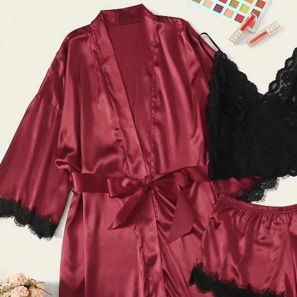 

satin silk pajamas pijama women sleepwear feminino underwear lingerie robes nightwear t2g, Black;red