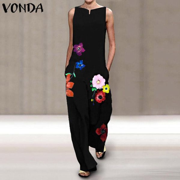 

women's jumpsuits & rompers womens sleeveless 2021 women v neck printed playsuits vonda plus size wide leg pants casual overalls, Black;white