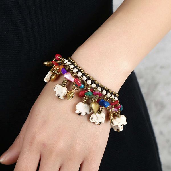 

bracelet bohemian turquoise copper accessories thai wax thread woven clothing with elephant bracelet, Golden;silver