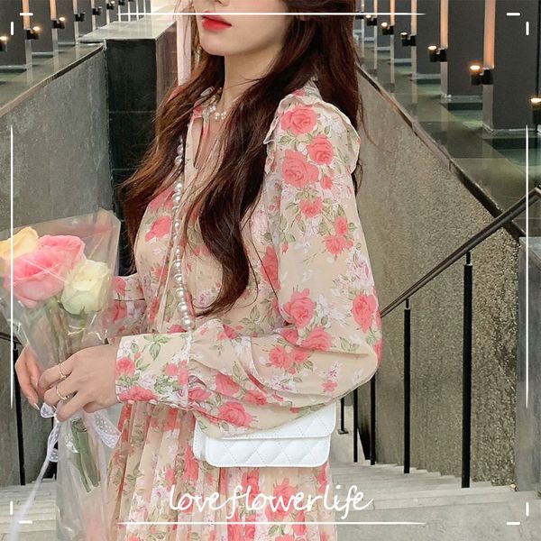 

long sleeve vingate floral dress women design elegant casual midi dress female beach dress korean summer chic 210521, Black;gray