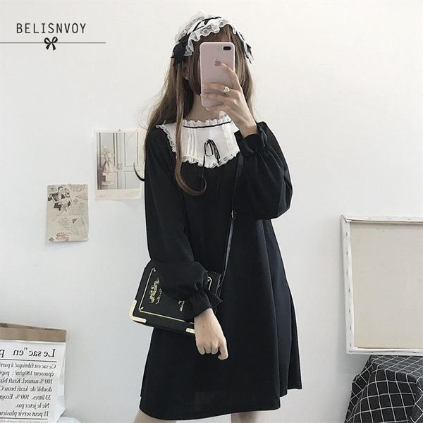 Abito nero moda giapponese carino donna coreano Kawaii fiocco pizzo gotico stile Harajuku colletto alla coreana ragazze Lolita Mini 210520