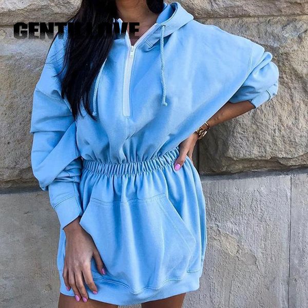 

jocoo jolee zipper solid long sleeve pocket sweatshirt autumn casual elastic waist hoodies dress loose long hoodies pullover 210518, Black