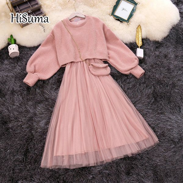 

2021 spring new female o-neck lantern sleeve knit blouses + strap mesh a-line dress with bag two-piece sets women suits, Black;gray