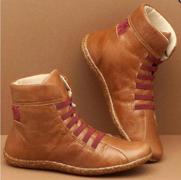

ankle women pu leather women's winter cross strap vintage plush punk warm short boots flat ladies shoes woman botas mujer, Black