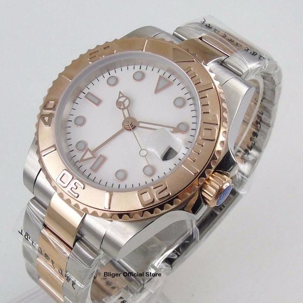 

fashion bliger 40mm saffier glass rose gold watch white sterile dial games automatic movement light return, Slivery;brown