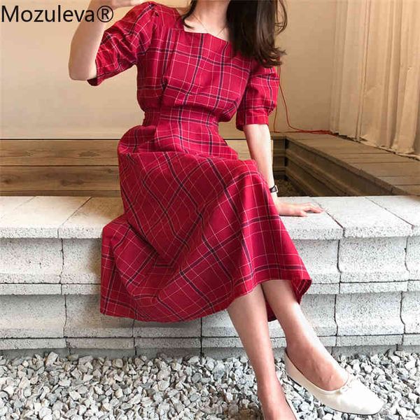 

women summer dress square collar plaid vintage pleated casual lace up bow long puff sleeve red femme 210427, Black;gray