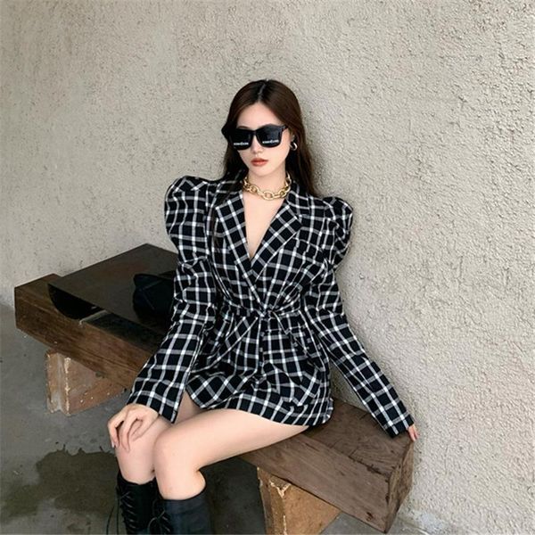 

women's suits & blazers women's autumn style puff sleeve loose high waist tie retro contrast color plaid suit female blazer, White;black