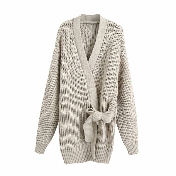 

streetwear women v-neck sweater cardigan autumn ladies bow sashes causal female knitted girls thick 210427, White