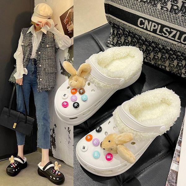 

slippers women's hole shoes winter plus velvet toe-covered wearing cotton thick beach home, Black