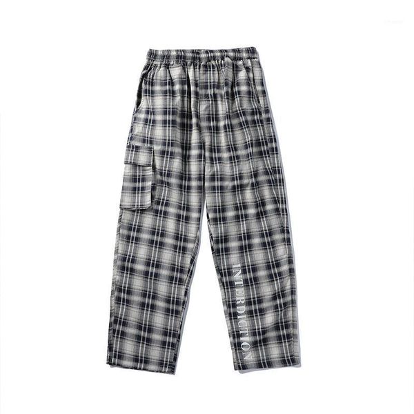 

men's pants japanese harajuku men checkered plaid straight leg pocket cargo elastic waist trousers vintage, Black