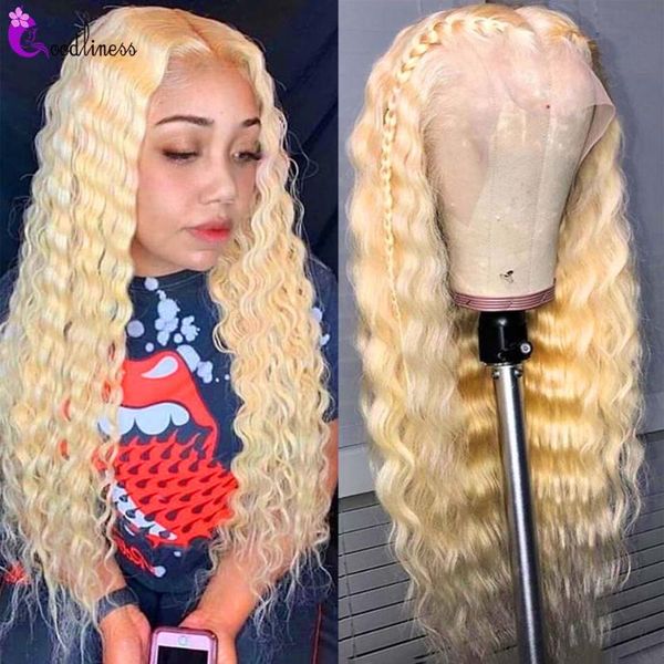 

lace wigs 613 deep wave wig honey blonde t part human hair transparent brazilian for women remy 150, Black;brown