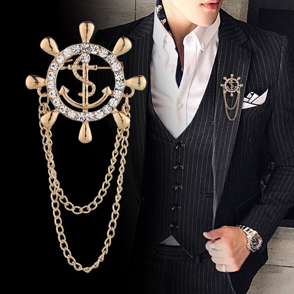 

luxury designers japanese and trendsetter suit badge magazine navy wind chain ship rudder anchor men's brooch xmas gifts, Gray