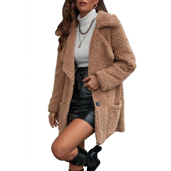 

women's wool & blends faux fur coat solid fluffy plush coats autumn winter elegant lady long sleeve clothing 2021 overcoat female, Black