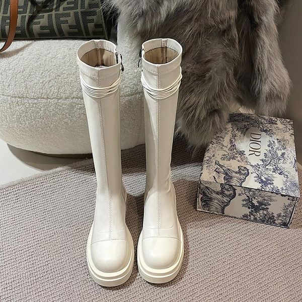 

boots 2022 autumn winter genuine leather motorcycle women knee high design platform riding thick heel, Black