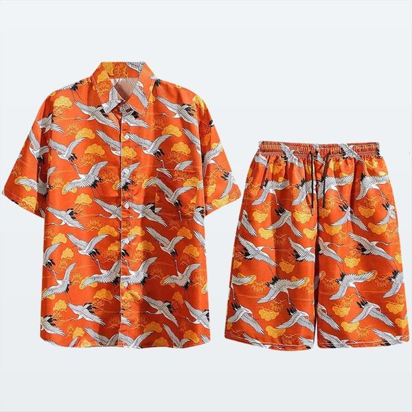

hawaiian clothes sets fashion men tracksuits streetwear suit beach swimwear flower boardshorts short sleeve print shirts, Gray