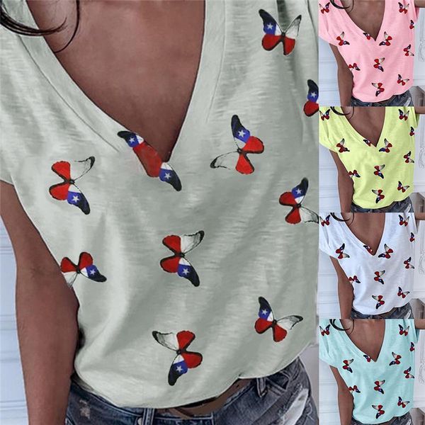 

xs-2xl oversized short sleeve v-neck women butterfly printed t shirt casual loose summer tee for clothes women's t-shirt, White