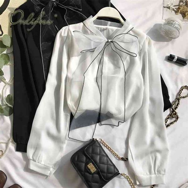 

summer women chiffon party blouse shirt sweet elegant long sleeve single breasted bow office lady 210513, Black
