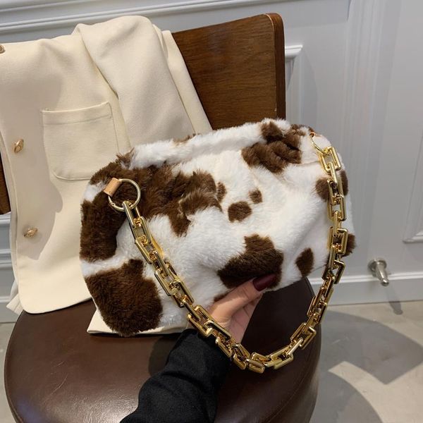 

evening bags cute plush shoulder bag women's fashion thick chain handbag winter trend crossbody simple design female underarm pack