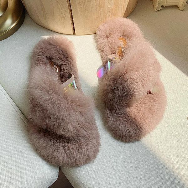 

slippers b3 size 35-40 girls patchwork faux fur ladies fashion outdoor slides woman flat heels shoes women leisure street shoe, Black
