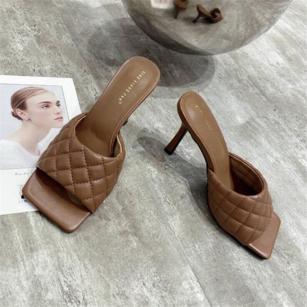 

dress shoes 2021 brand design women slippers elegant square toe thin high heels 9cm summer outdoor beach slides size 35-42, Black