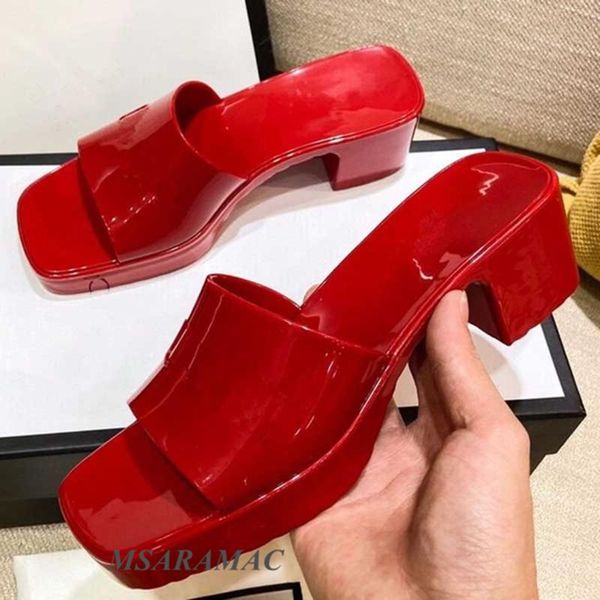 

summer candy color peep toe square heel jelly shoes ladies round head rubber slippers fashion beach high-heeled outer, Black