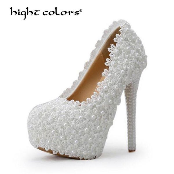 

dress shoes 6cm/8cm/11cm/14cm women fashion sweet white pumps flower lace platform high heels pearls wedding bride h887, Black