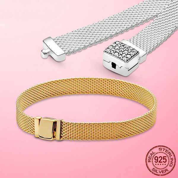 Maglia 925 Colore oro scintillante Chiusura Riflessi Bracciale Bracciale in argento sterling Creazione di gioielli regalo