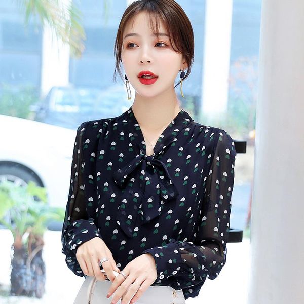 

polka dot print chiffon blouse women shirt vintage v-neck bow office blouses long sleeve plus size blusas mujer women's & shirts, White