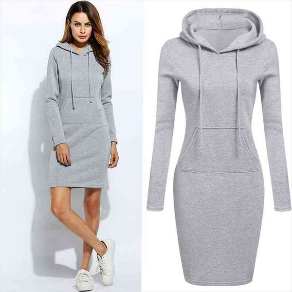 

autumn winter warm sweatshirt long-sleeved dress woman clothing hooded collar pocket simple casual lady vintage dresses, Black;gray
