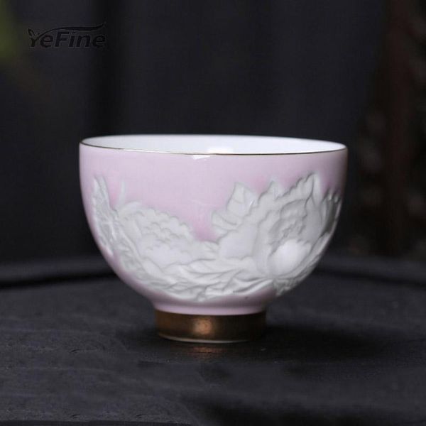 

yefine carve peony tea cups 2 pieces/lot & saucers