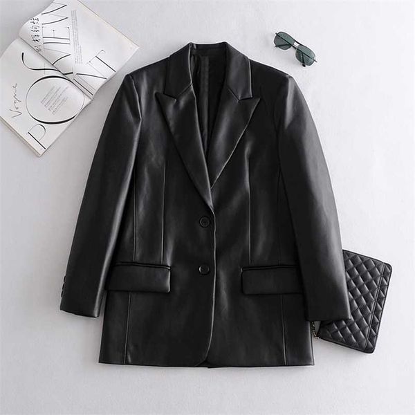 

long pu faux leather blazers women jacket coat brand women's jackets outerwear ladies coats female suit 211215, Black