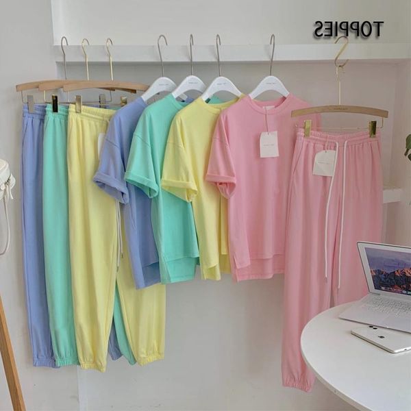 

women's two piece pants casual ies set tracksuits woman sweet candy color female short sleeve t-shirts and, White