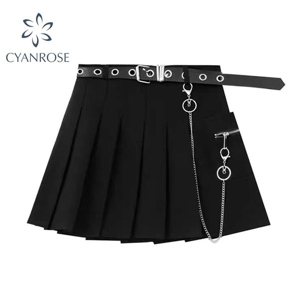 

black gothic mini skirt with belt chain pleated high streeet fashion punk midi crop lady zipper pocket sashes mujer 210515