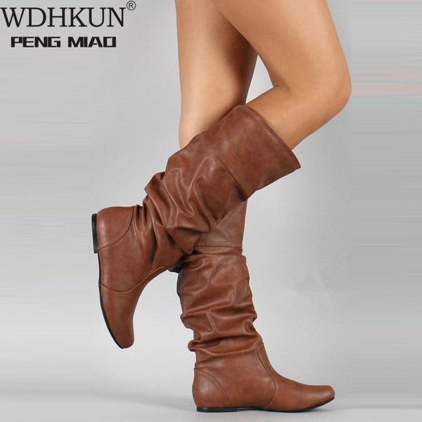 

mid-calf boots plus size 34-48 insert heels pleated female round toe shoes flat autumn winter 2021 knee high, Black
