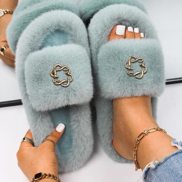 

slippers furry slides for women 2021 est retro metal snake decor fur sandals winter warm flip flops designer casual shoes, Black